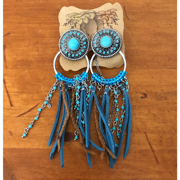 Justin Boots Jewelry - Justin Boots Turquoise Western Concho Earrings with Fringe NWT
